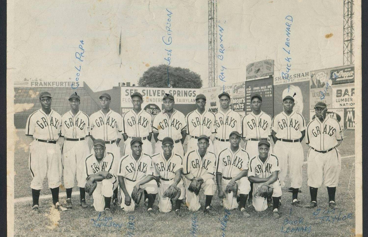 A black-and-white team photo of a baseball team wearing uniforms that say "GRAYS" across the chest
