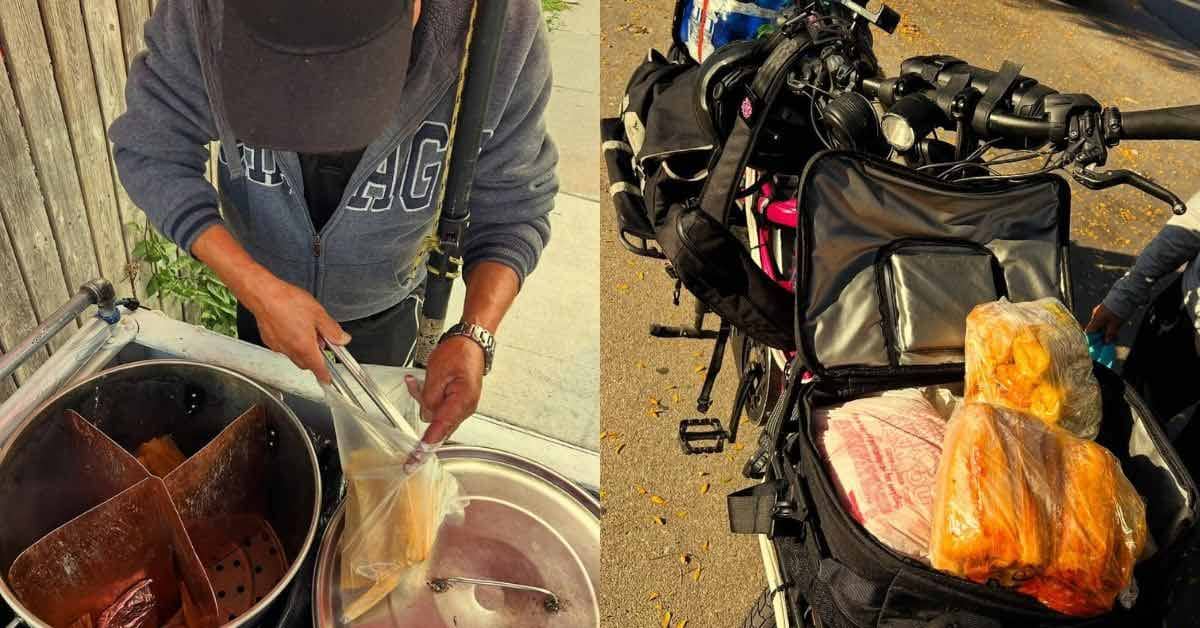 Split photo of a person bagging tamales, and bicycles with the bags loaded in cargo bags