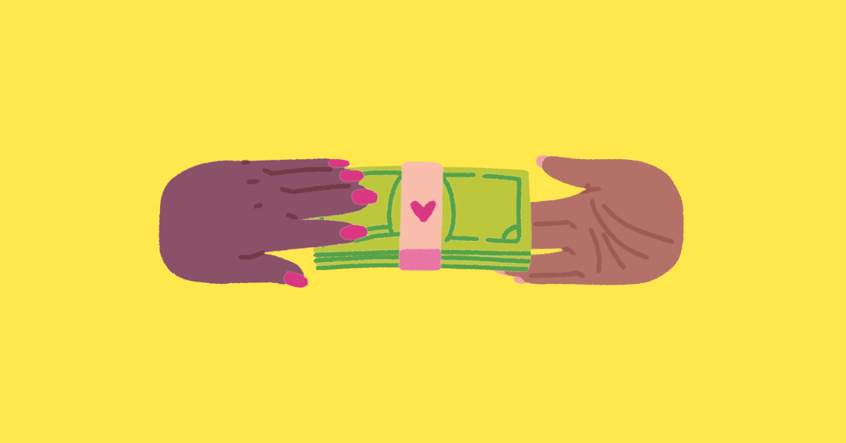 An illustration of hands exchanging money on a yellow backgroun