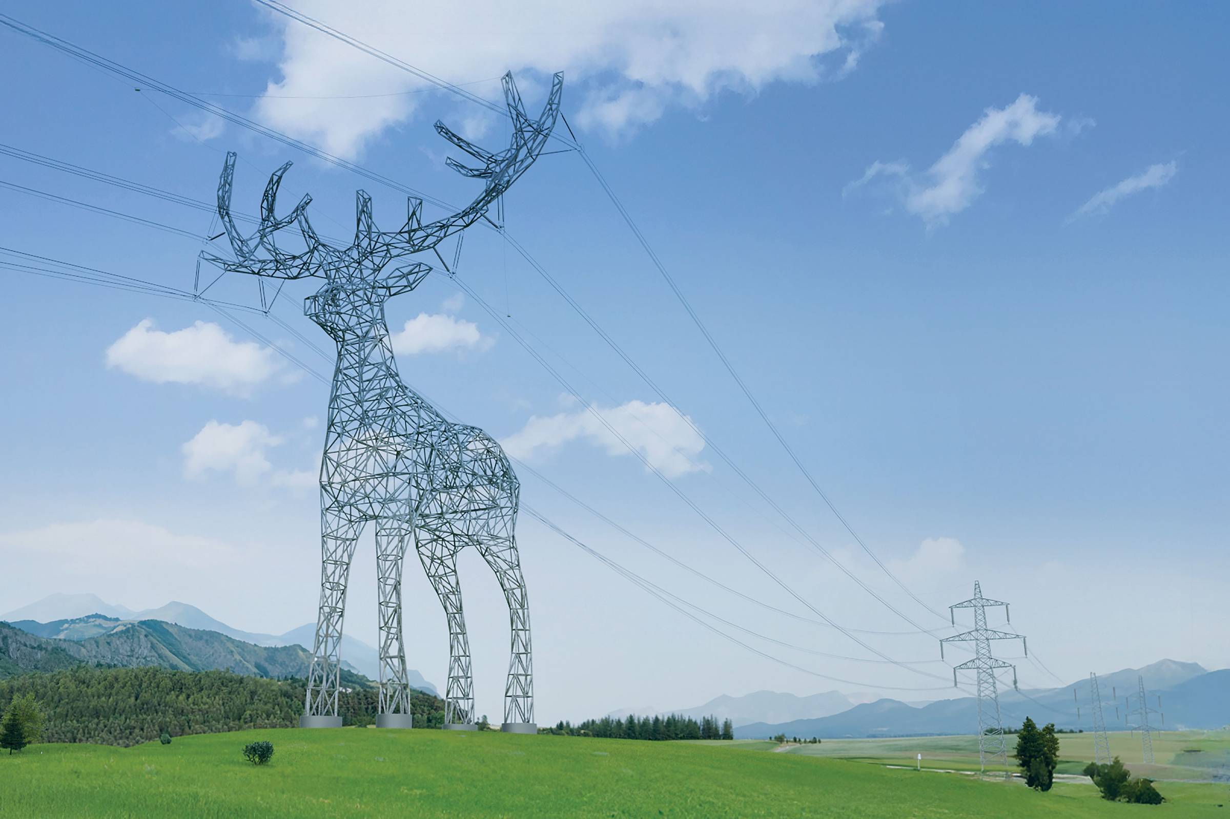 A metal-framed structure of a giant stag holding power lined through its antlers
