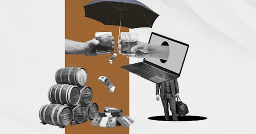 A collage image of black and white images of a pyramid of whiskey casks, two hands holding glasses cheers-ing, money falling from an umbrella, a person holding a duffel bag