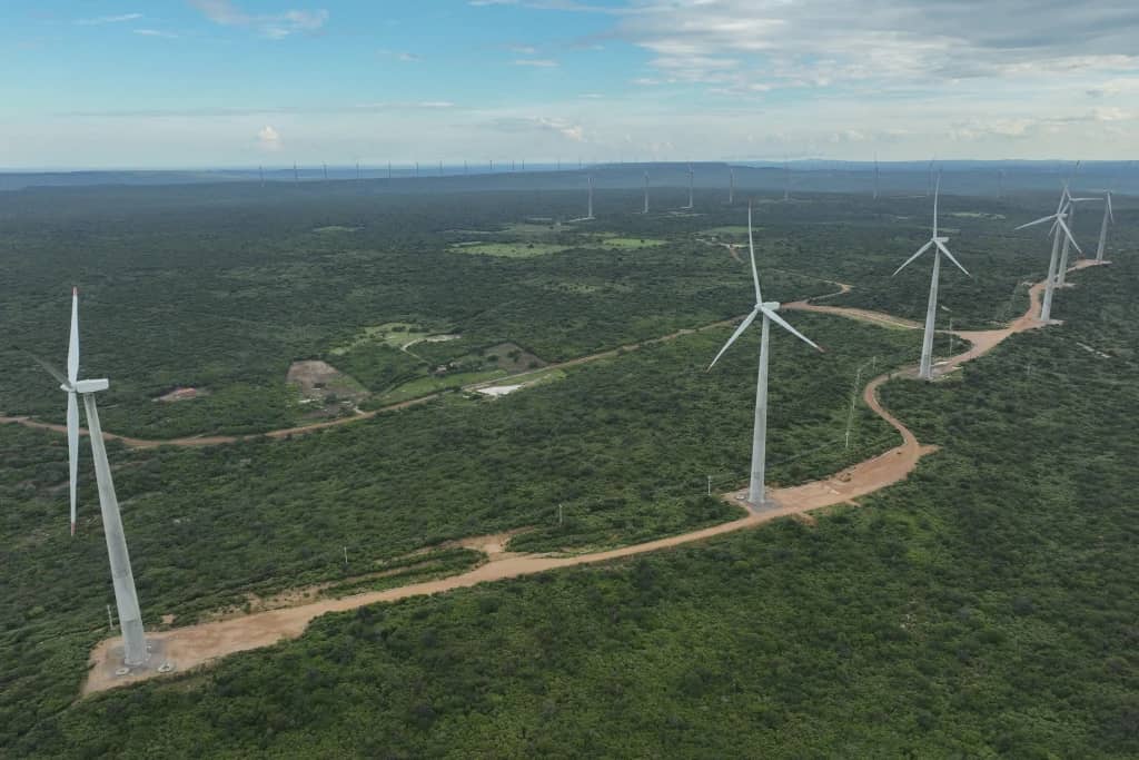 Wind turbines in a green forested area