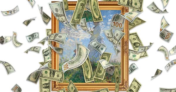 A framed painting with dollar bills flying all around and in front of it