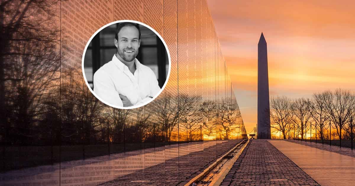 Washington monument with a memorial in the foreground, inset image of a black and white photo of a man with his arms crossed