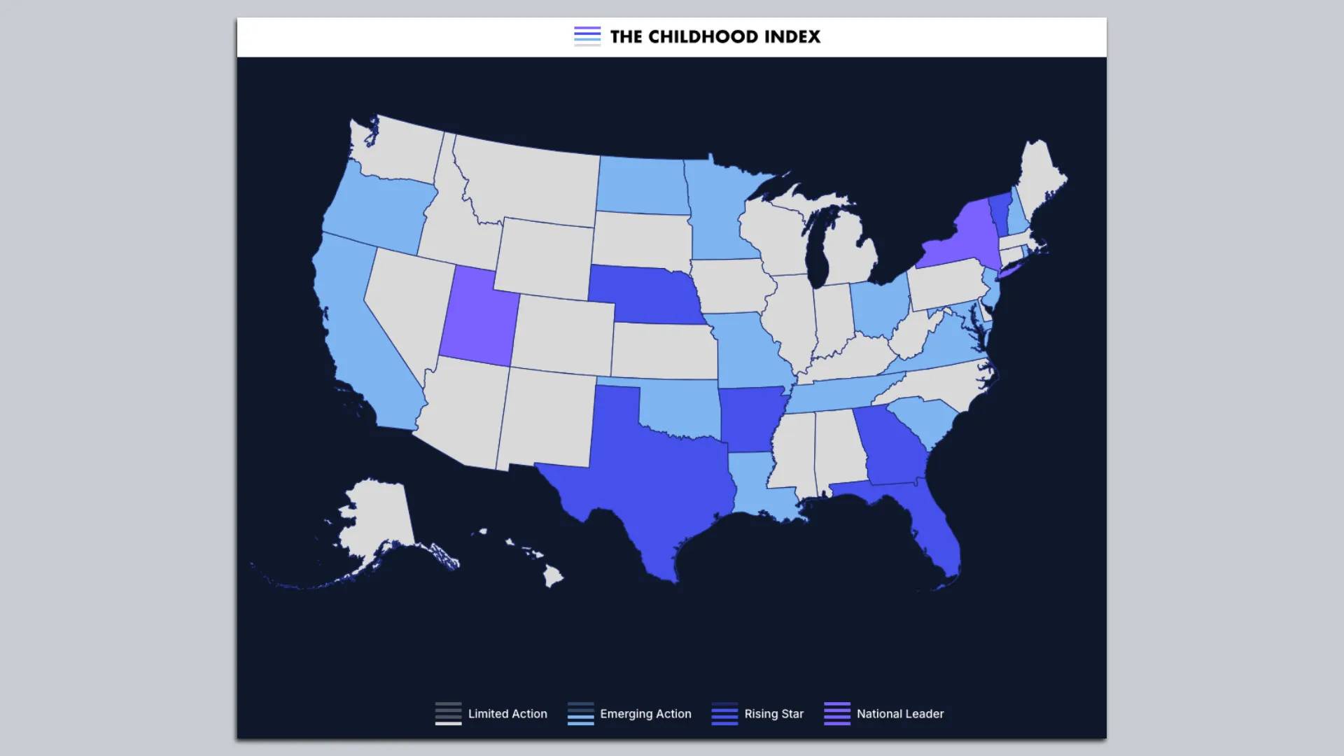 Map of U.S. showing states with limited action, emerging action, rising star, and national leader in children's mental well-being