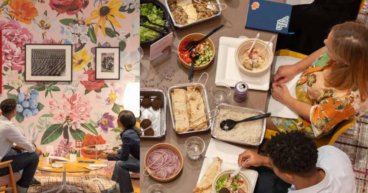 Split photo of people sitting at a table looking at two framed art pieces on the wall; an overhead photo of people sitting at a table filled with food