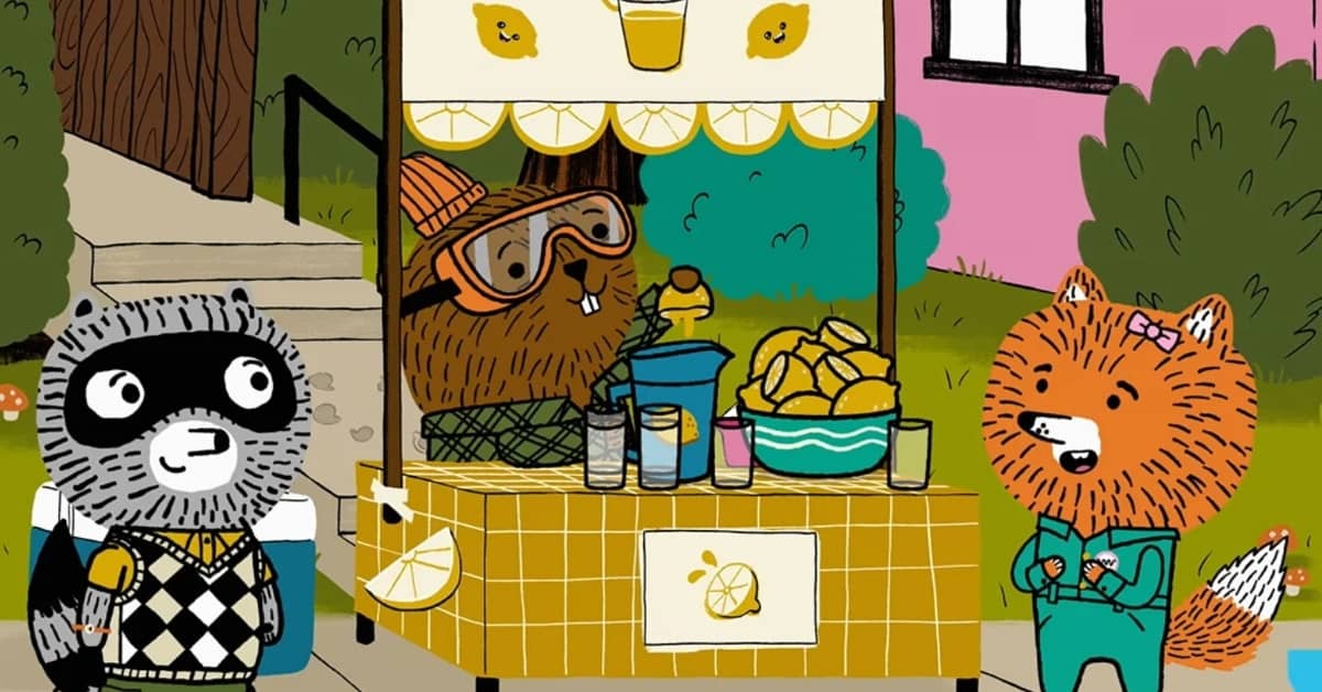 Illustrations of a raccoon, beaver, and fox around a lemonade stand