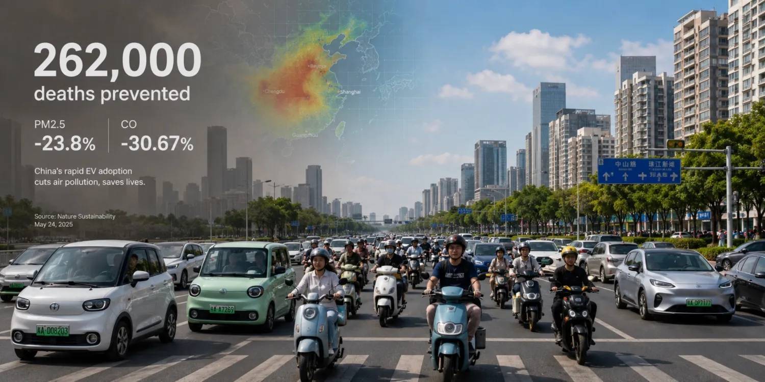 A graphic that is a mixture of photography and also data. The photo shows drivers, both of vehicles and electric scooters, waiting at an intersection in a city. The data reads 262,000 deaths prevented. A map shows China with different regions alight in red, yellow, and green in the background