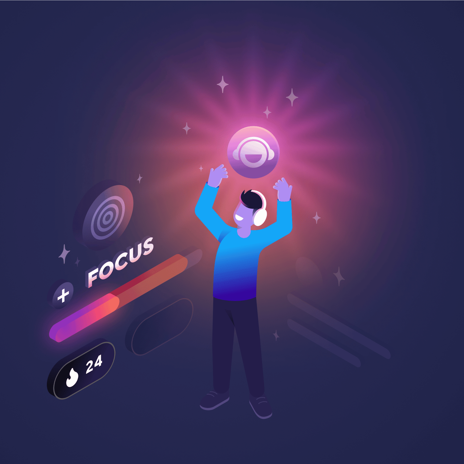 Illustration of a person wearing headphones with Brain.fm icon above their head