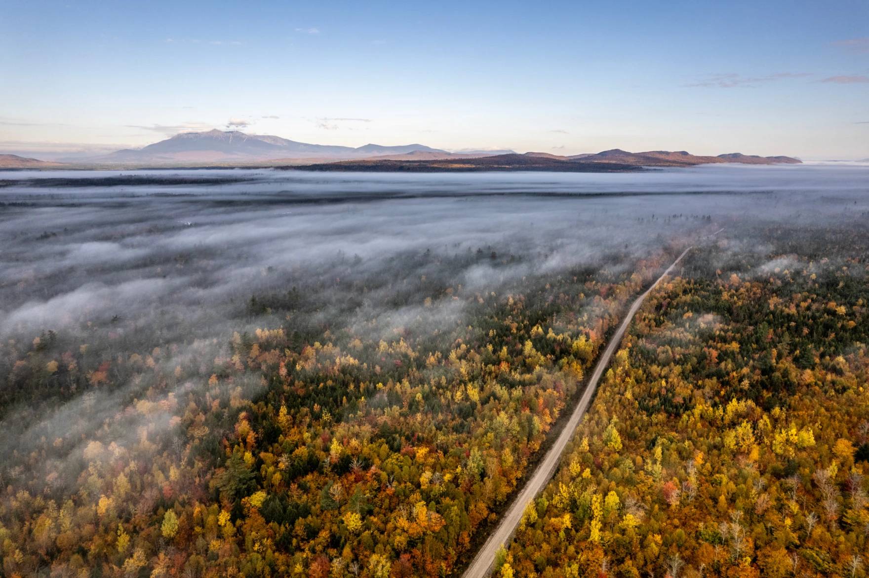 Aerial view of a straight road cutting through a forested landscape with golden and green trees in autumn, morning mist covering the terrain.