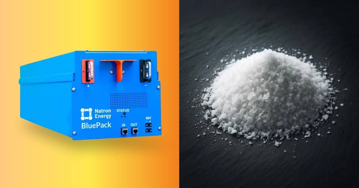 A blue "Natron Energy" battery pack on a yellow background next to a photo of a pile of salt