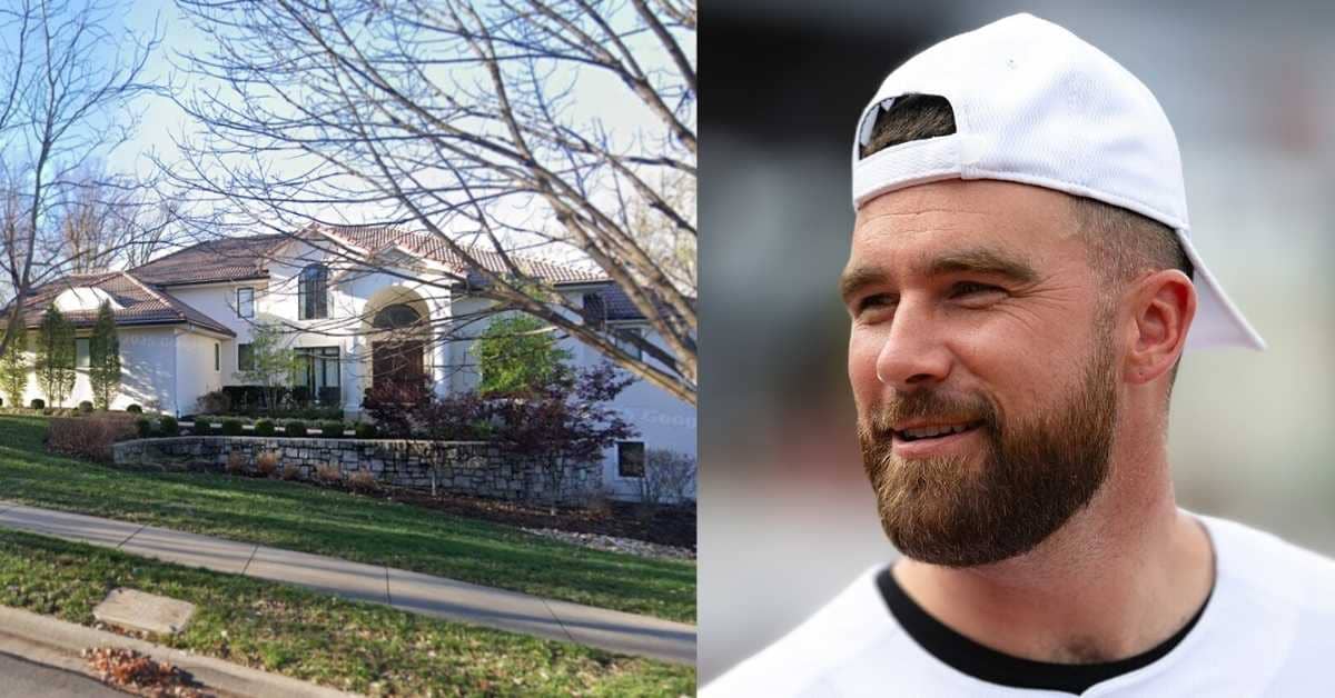 Split image of the outside of a mansion and Travis Kelce wearing a backwards hat