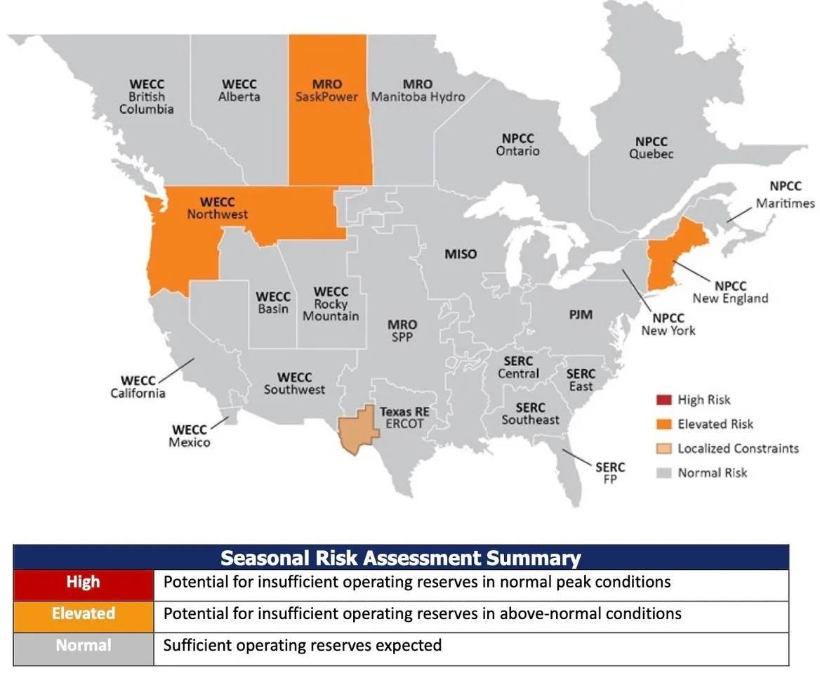 A map of US and Canada showing summer reliability assessment for various regions