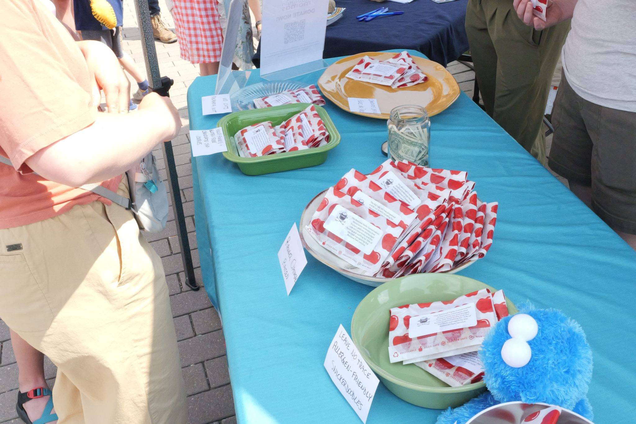 A table with packages of baked goods