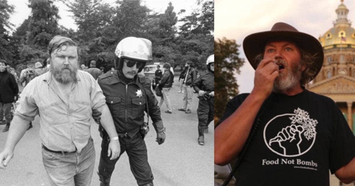 Split image: A man being held by the arm by a police officer; The same man is speaking into a megaphone