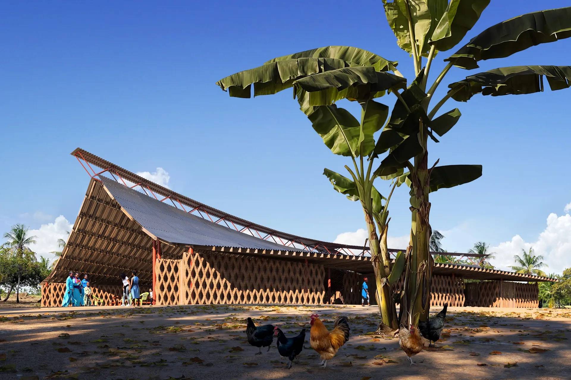 A realistic rendering of the 3D printed commumity center with banana trees and chickens in the foreground and people walking in and out of the building