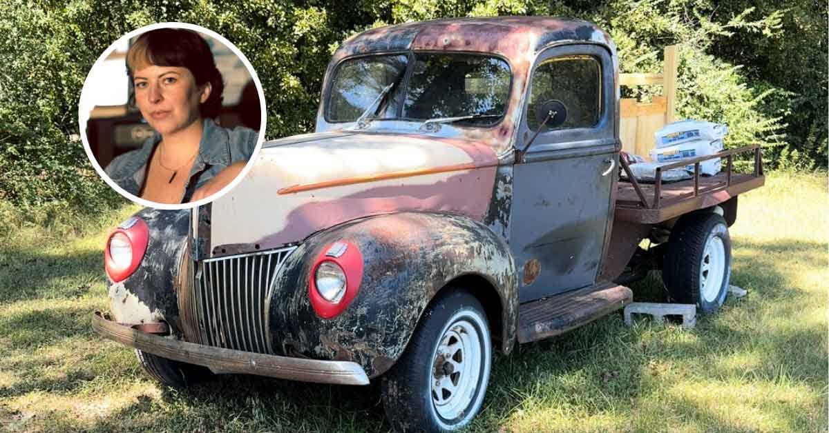 An old pickup truck with an inset image of a woman with short dark hair