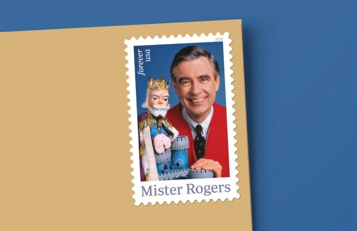 Mister Rogers stamp in corner of an envelope
