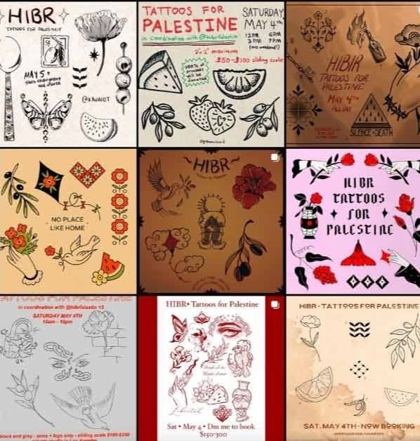 A collage of nine images of tattoos being offered by artists in the fundraiser