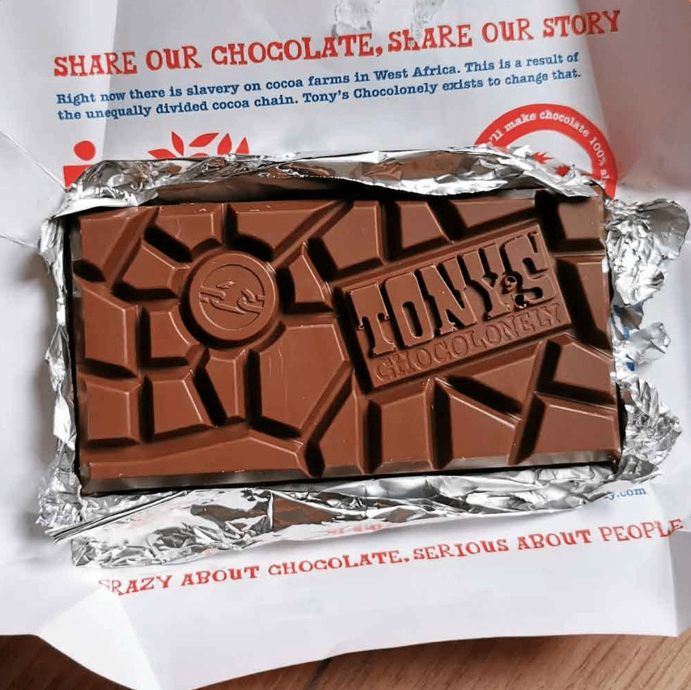 Open chocolate bar sitting on wrapper