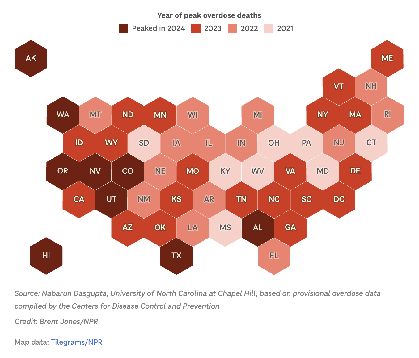 A map of U.S. with each state a different shade of red to illustrate when the peak year of overdose deaths was: 2021, 2022, 2023, or 2024