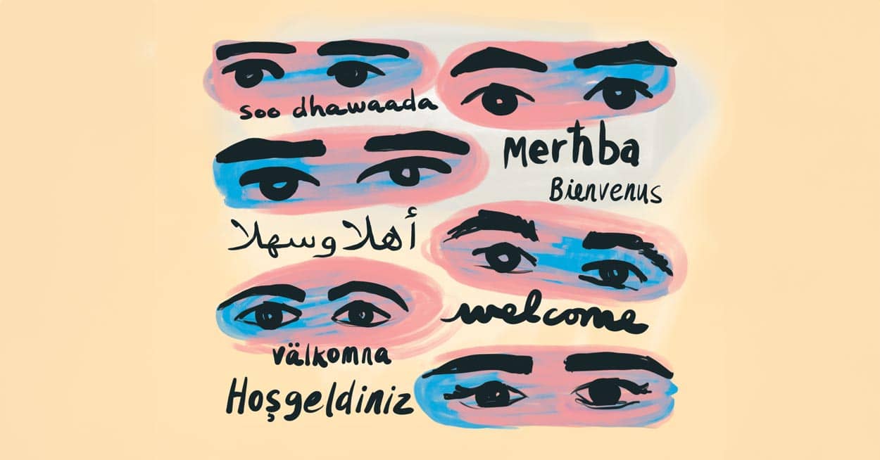 Ilustration of eyes with "Welcome" in different languages