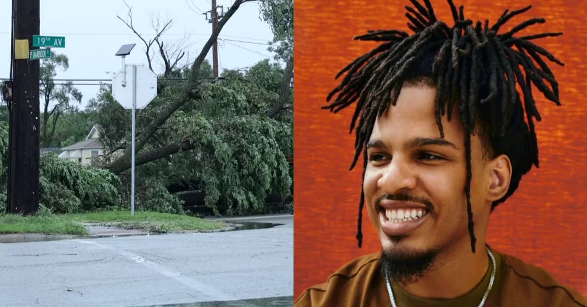 Left: Urban street corner with downed trees and storm damage, street sign visible. Right: Person with dreadlocks smiling against an orange brick wall background.