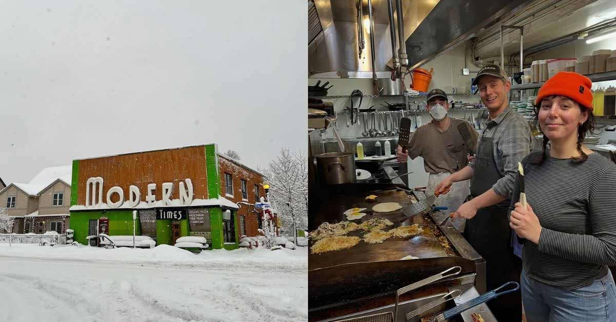 Split image of the exterior of Modern Times Cafe in the snow, and three workers cooking food