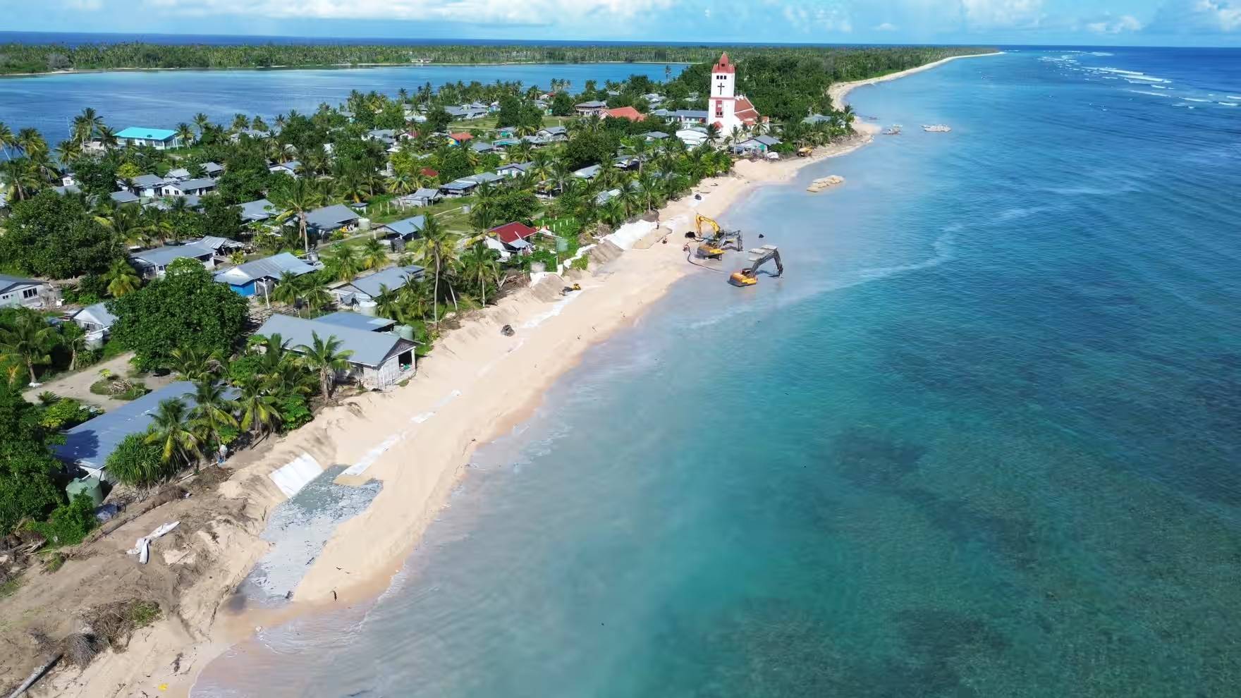 Birds-eye view of a coastline on Tuvalu