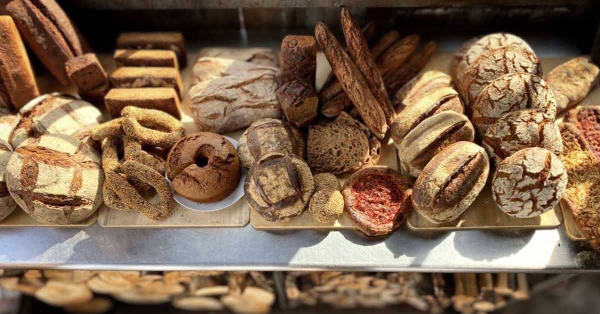 Shelves filled with different kinds of bread products