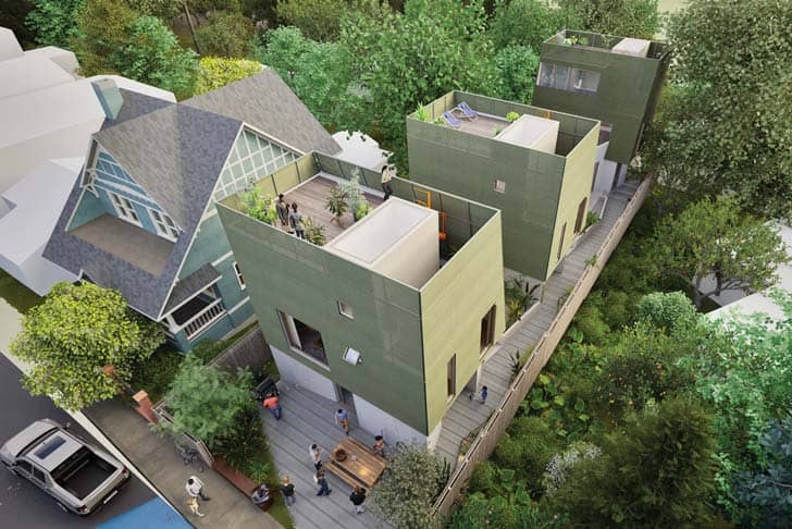 3D rendering of a three-unit affordable housing plan