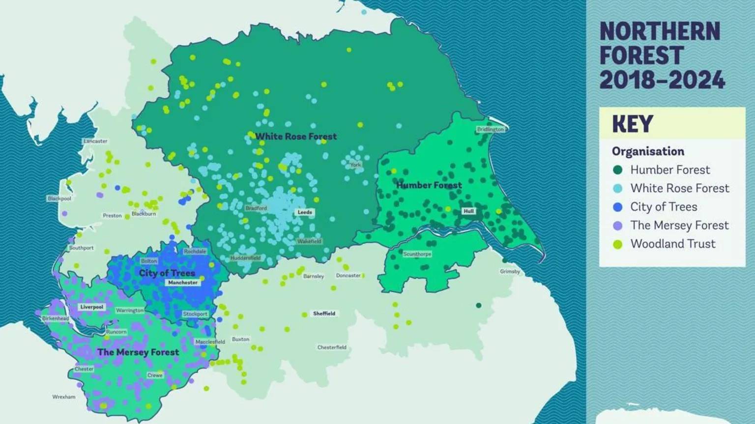 A map of northern England with colored dots showing new areas of forest planted