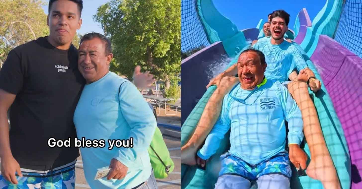TikToker posing with one man with "God bless you!" text over the image, and another image of people on a tube down a waterslide