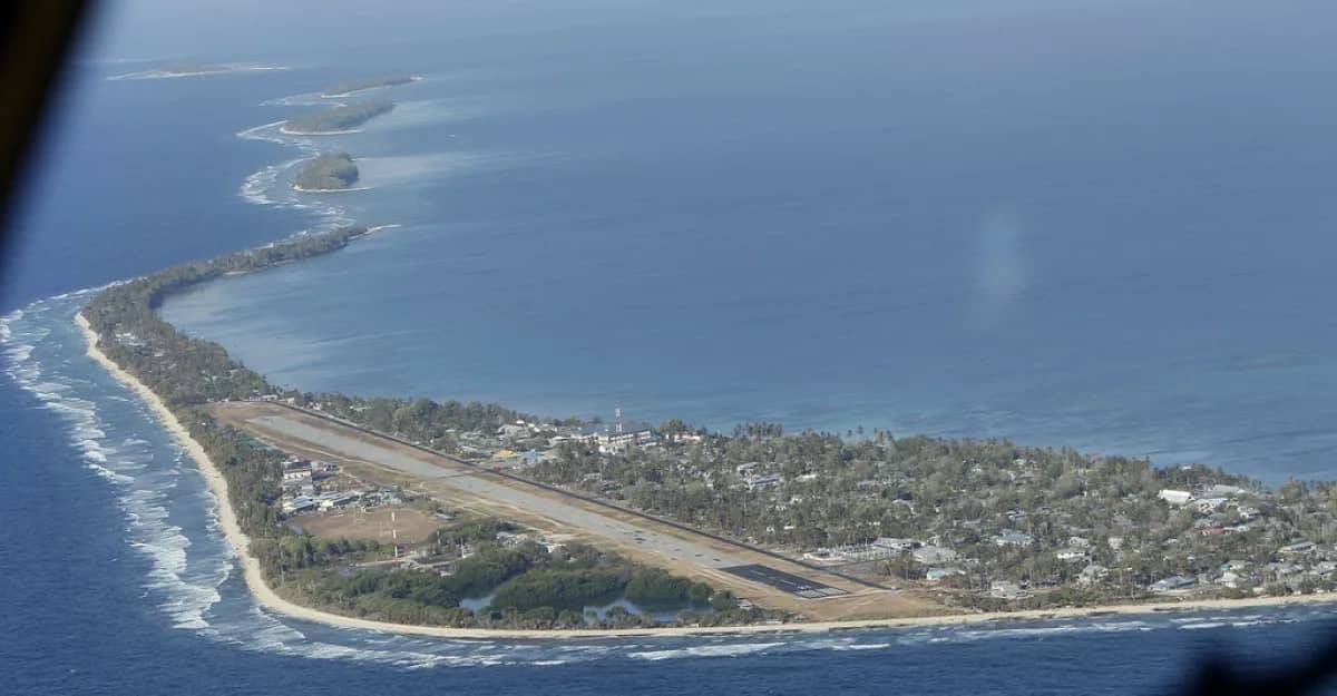 Aerial photo overlooking the sisland of Tuvalumall 