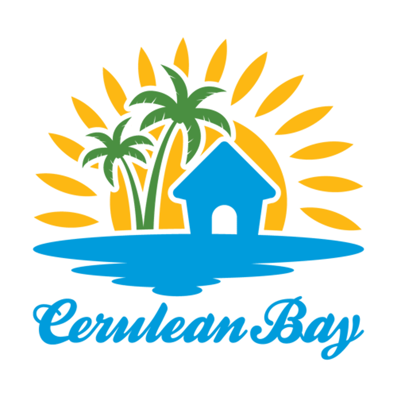 Logo of "Cerulean Bay" featuring a blue house silhouette on a blue body of water. In the background, yellow sunrays and two green palm trees are visible. The text "Cerulean Bay" is written in blue cursive below the image.
