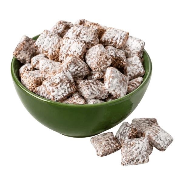A green bowl of muddy buddies