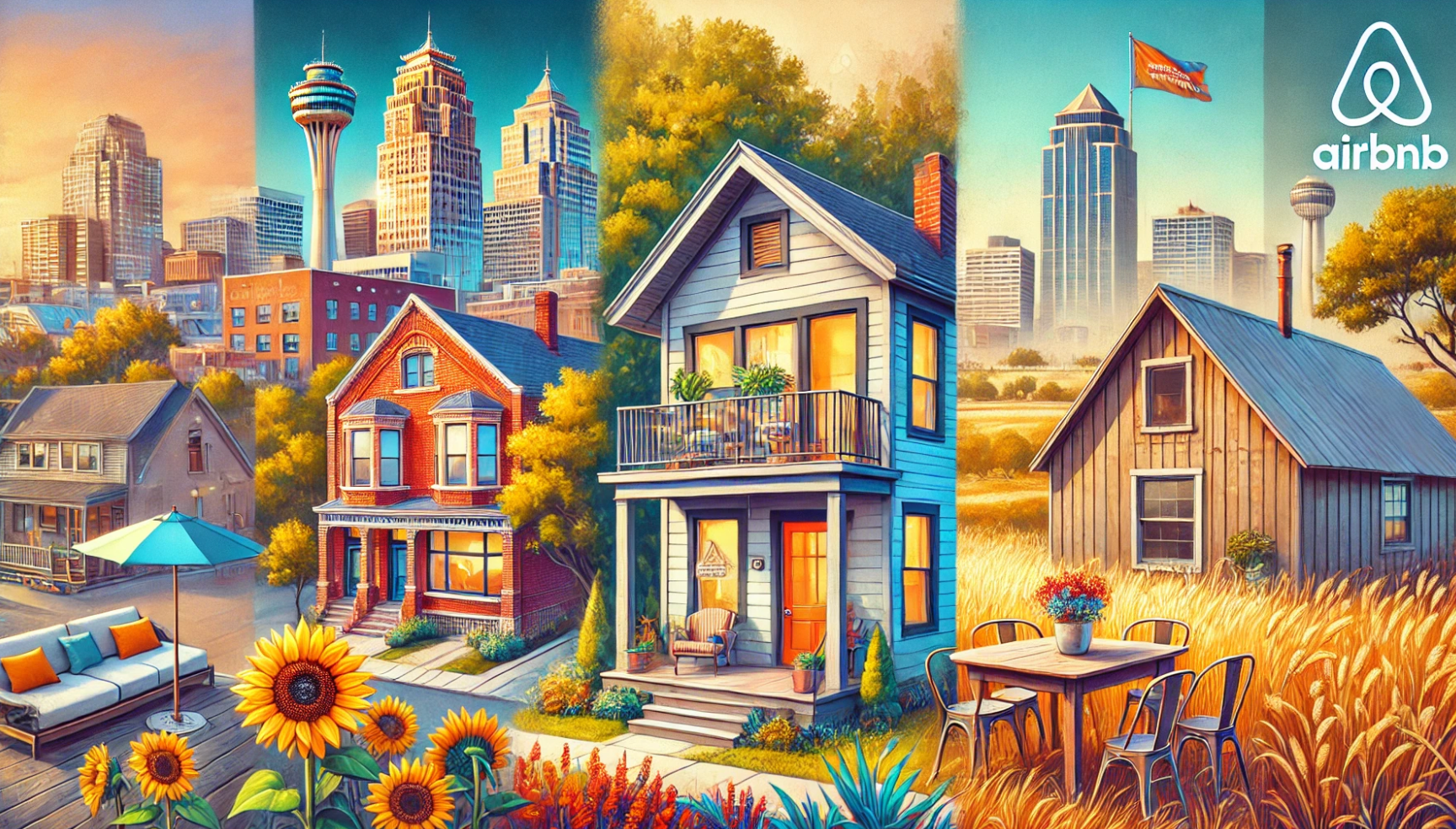 A vibrant and inviting scene showcasing a variety of Airbnbs in Wichita, Kansas. Include a cozy modern loft in a downtown high-rise with large windows overlooking the cityscape, a charming craftsman-style house with a welcoming porch in a leafy suburban area, and a rustic barn-style Airbnb in a prairie setting. Add local touches like Kansas sunflowers, Wichita city flags, and an overall warm, welcoming ambiance. The style should be realistic with a slight artistic flair, capturing the unique character of Wichita's rental offerings.