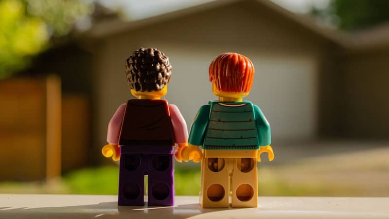 Two LEGO figures stand side by side, holding hands, gazing into the distance. The scene suggests companionship or friendship in an outdoor setting.
