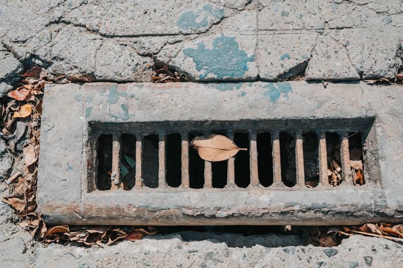 A single leaf rests on a storm drain grate.