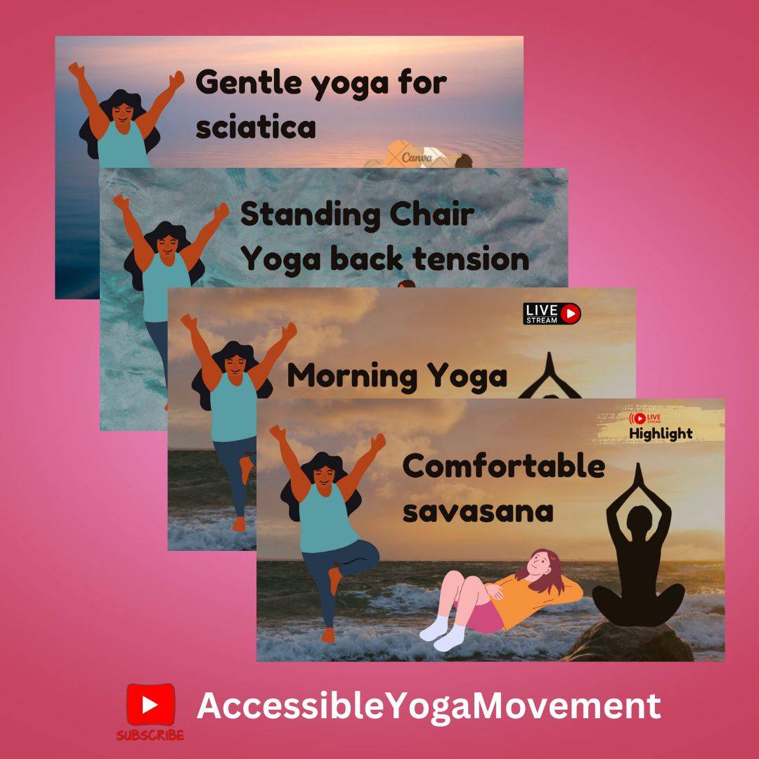 Various Youtube thumbnails stacked with the words AccessibleYogaMovement on the bottom