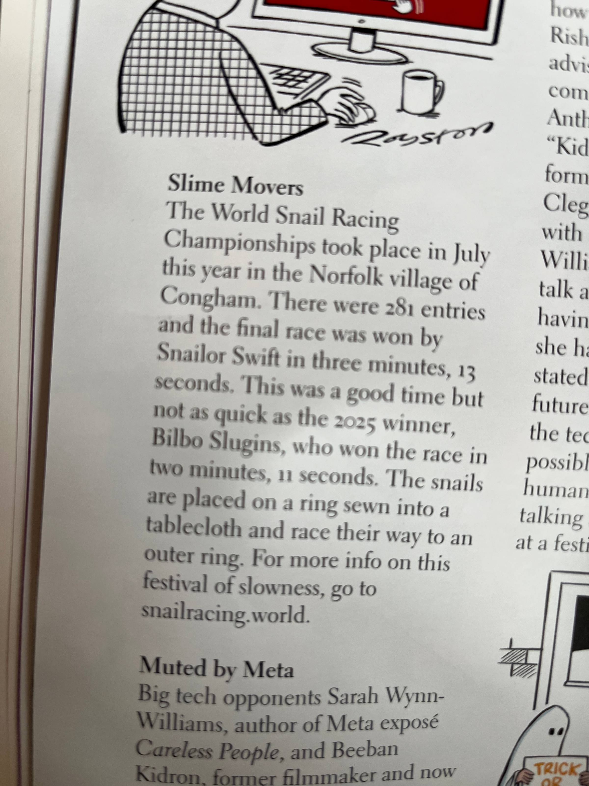 Picture of a page from The Idler magazine reading: Slime Movers. Then more or less what I said above. Plus: For more info on this festival of slowness, go to snailracing.world