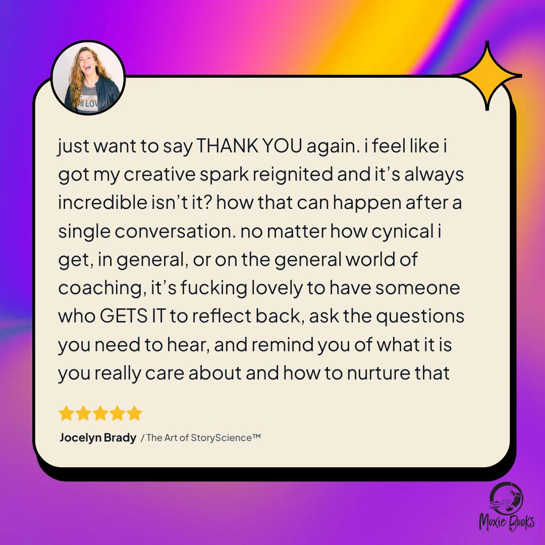 Testimonial with purple and yellow swirly background, image of Jocelyn and cream text box containing: just want to say THANK YOU again. i feel like i got my creative spark reignited and it’s always incredible isn’t it? how that can happen after a single conversation. no matter how cynical i get, in general, or on the general world of coaching, it’s fucking lovely to have someone who GETS IT to reflect back, ask the questions you need to hear, and remind you of what it is you really care about and how to nurture that 5stars, Jocelyn Brady/The Art of StoryScienceTM