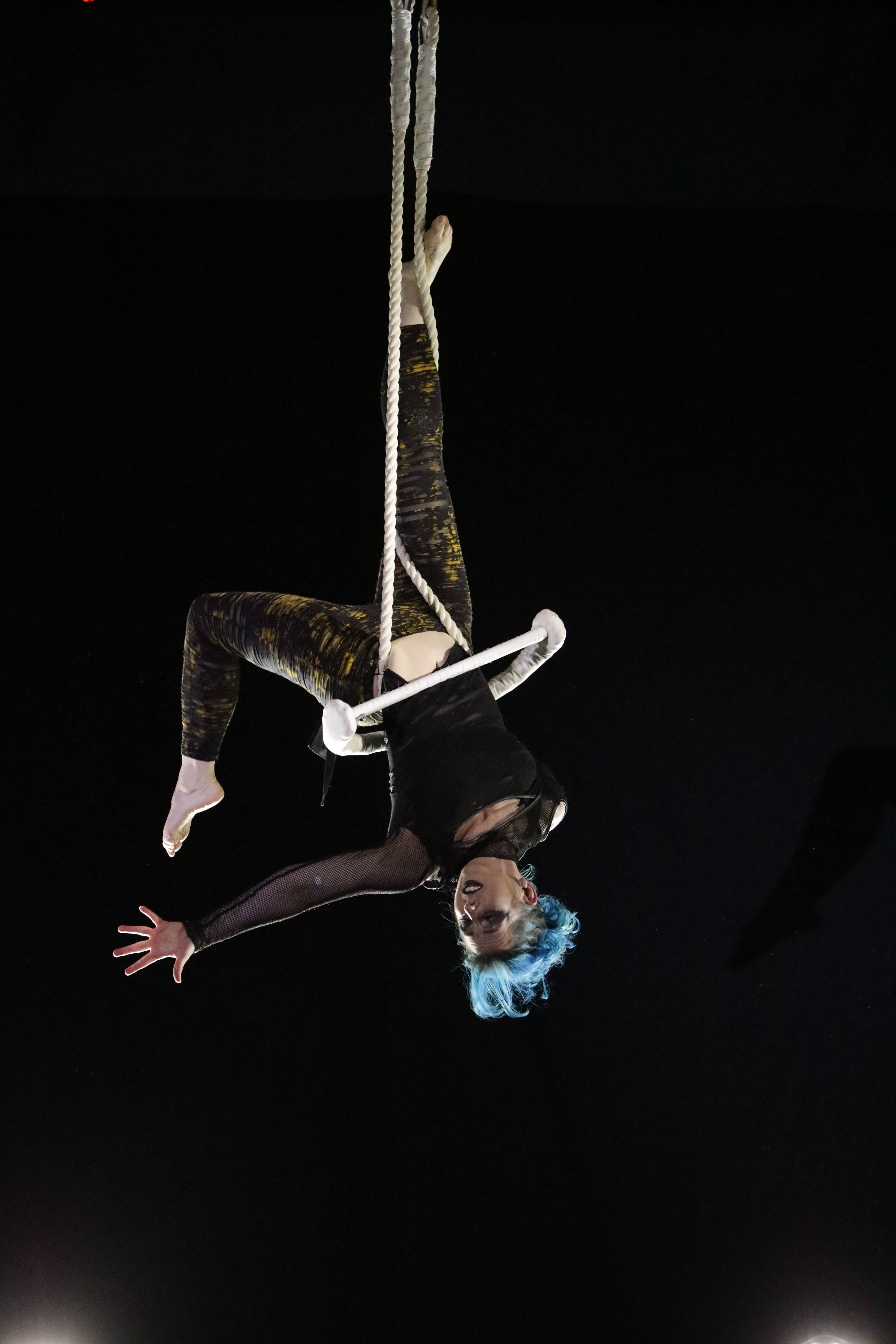 Vicky is a white woman with beautifully coiffed blue hair, pinned and curled, and extremely melodramatic smoky eye makeup. She wears a black shredded tight top with mesh arms and shredded black and toxic-yellow leggings. She’s entangled in a trapeze, with the bar across her stomach, one leg wrapped vertically up the rope, the other leg stretched out behind and one arm stretched out. She’s hanging there upside down, performing her third-place winning routine at Aerial Art 2024. She’s pretty fckn smug because this is by far the best performance she’s ever done.