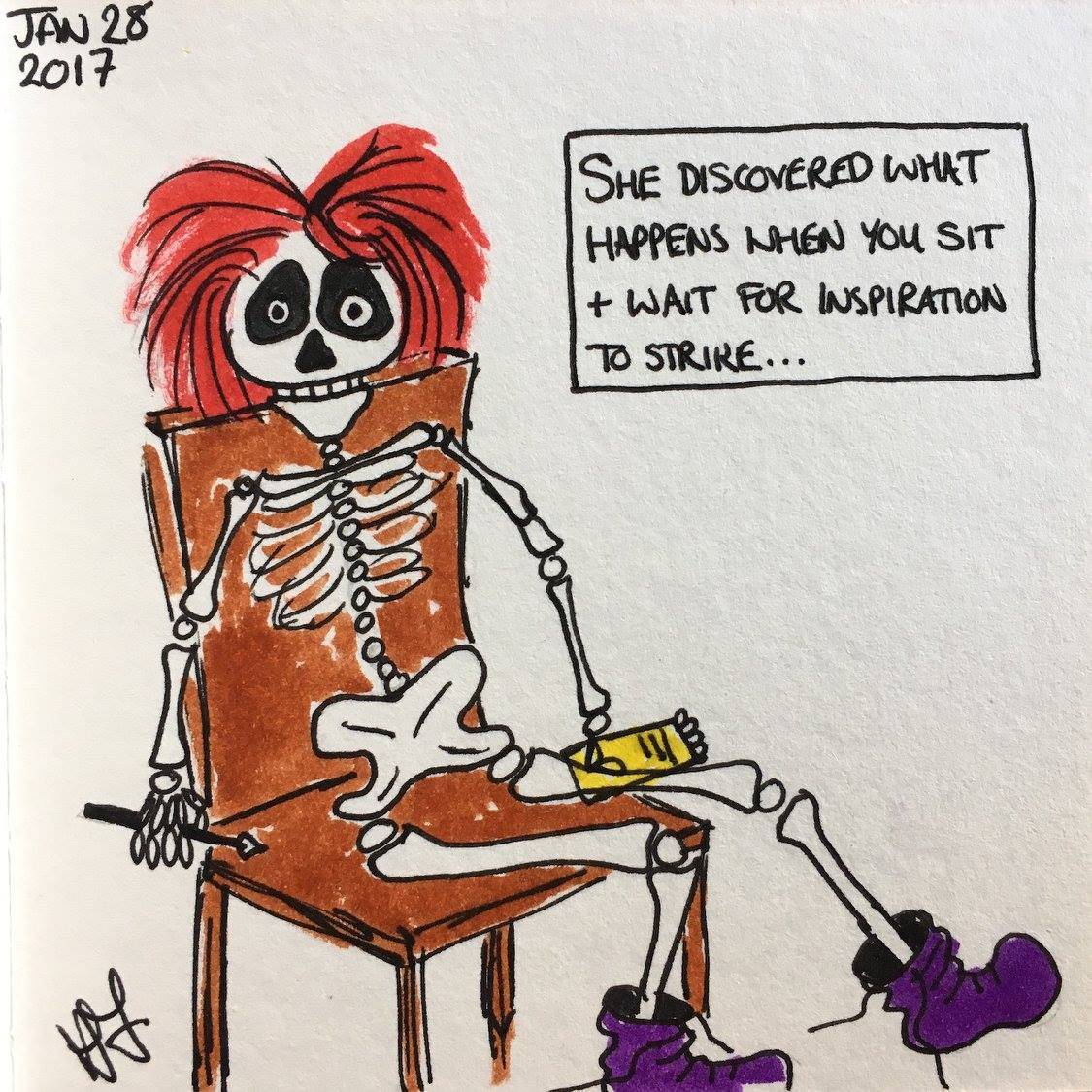 A mid-quality cartoon of a red-headed skeleton with wide shocked eyes sitting on a wooden chair. She holds a pen and notebook and wears purple boots. Caption reads: She discovered what happens when you sit and wait for inspiration to strike…