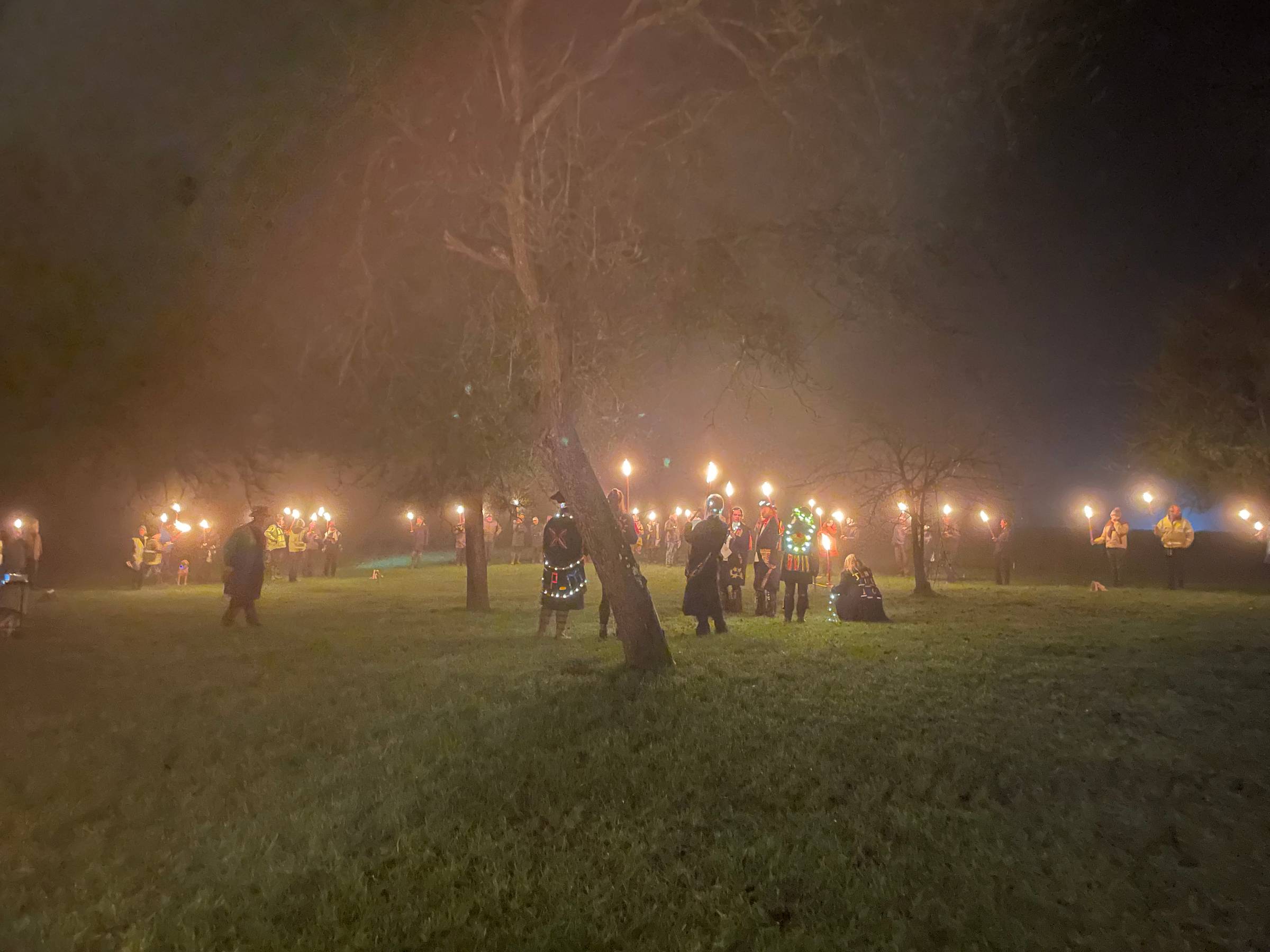 A dark orchard. Villages with flaming torches surround Morris Dancers performing the wassail. Smoke rises.