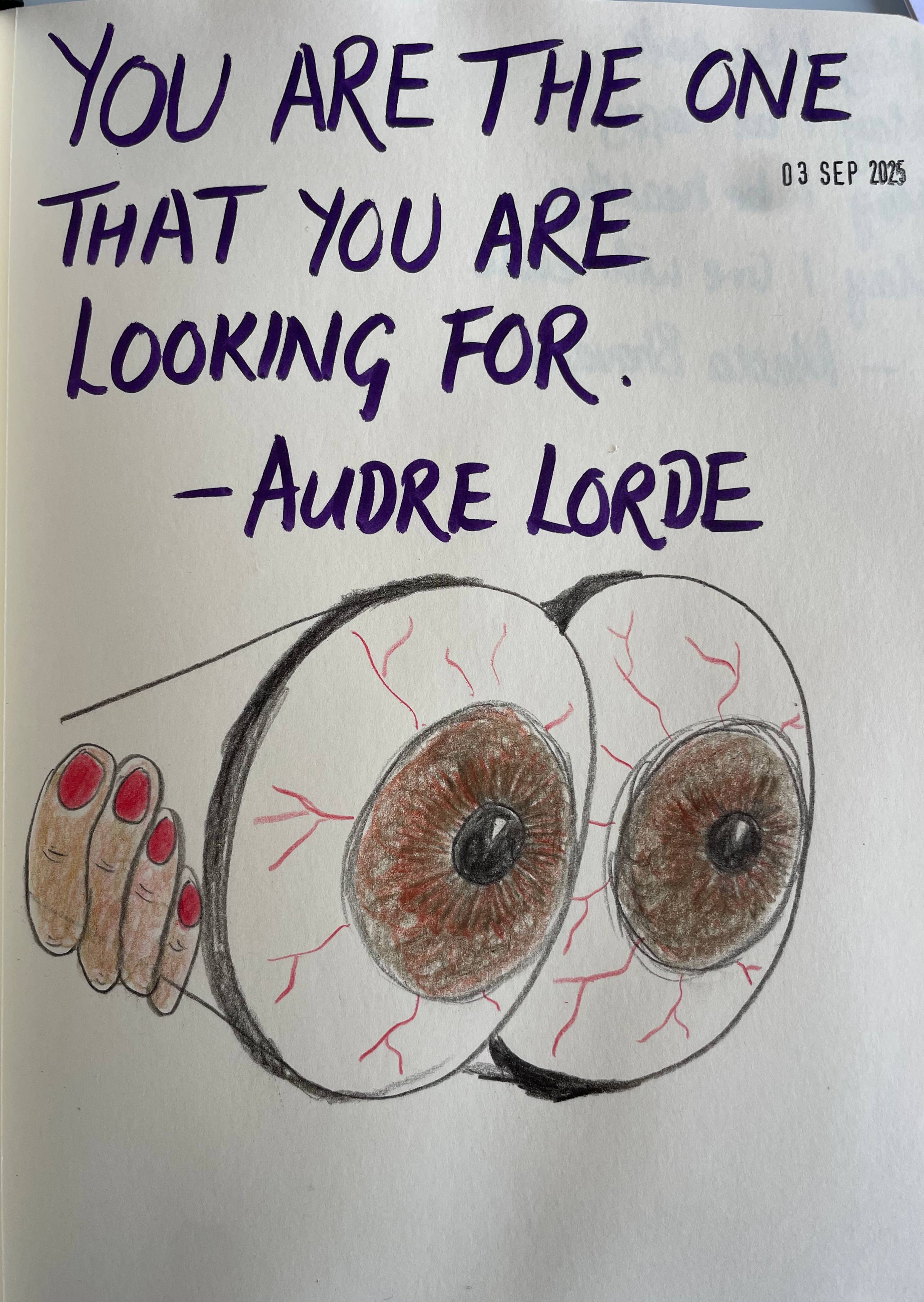 Quote in large letters above: “You are the one that you are looking for.” Audre Lorde. Below, a cartoon of binoculars with giant brown eyed eyeballs.