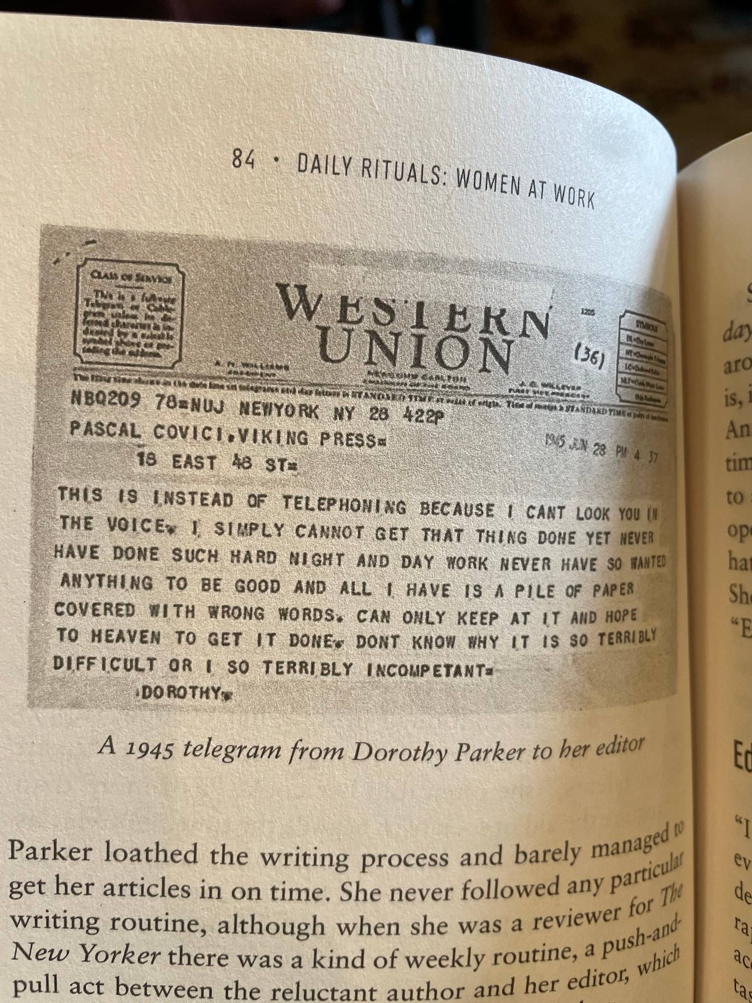 Photograph of a page from the book “Daily Rituals: Women at Work” showing Dorothy Parker’s Western Union telegram. Words as reproduced below image.