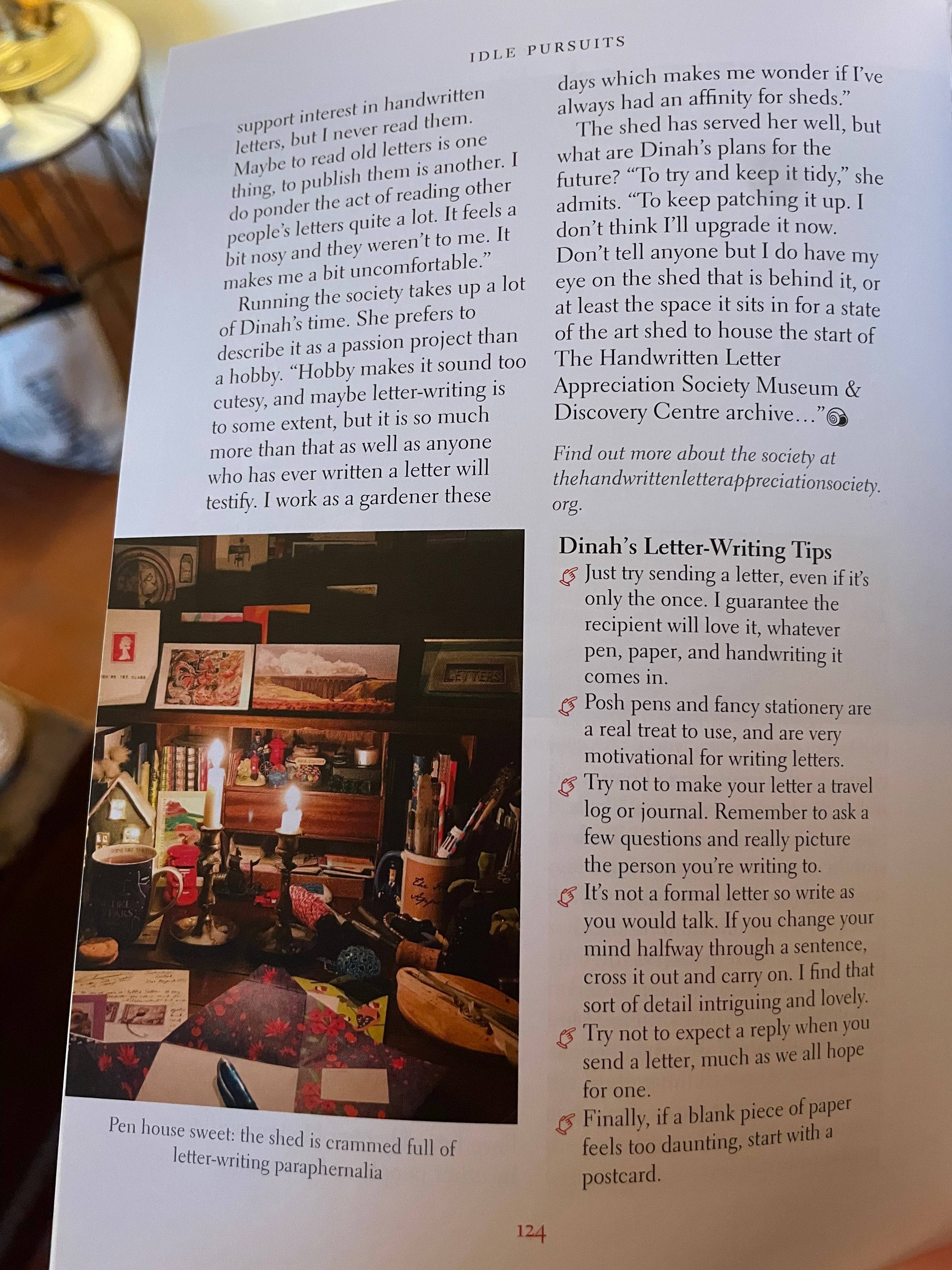 Photo of a page from The Idler magazine about handwritten letters. There's a photograph of the writer's writing shed. It looks cosy!