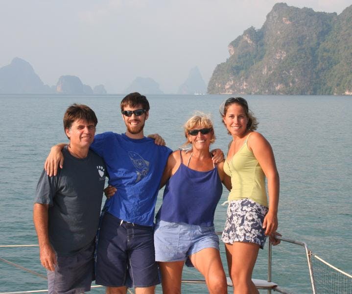 Still smiling after all these miles! 2007 Ocelot's crew in Phang Nga Bay, Thailand - Sue Hacking, HackingFamily.com