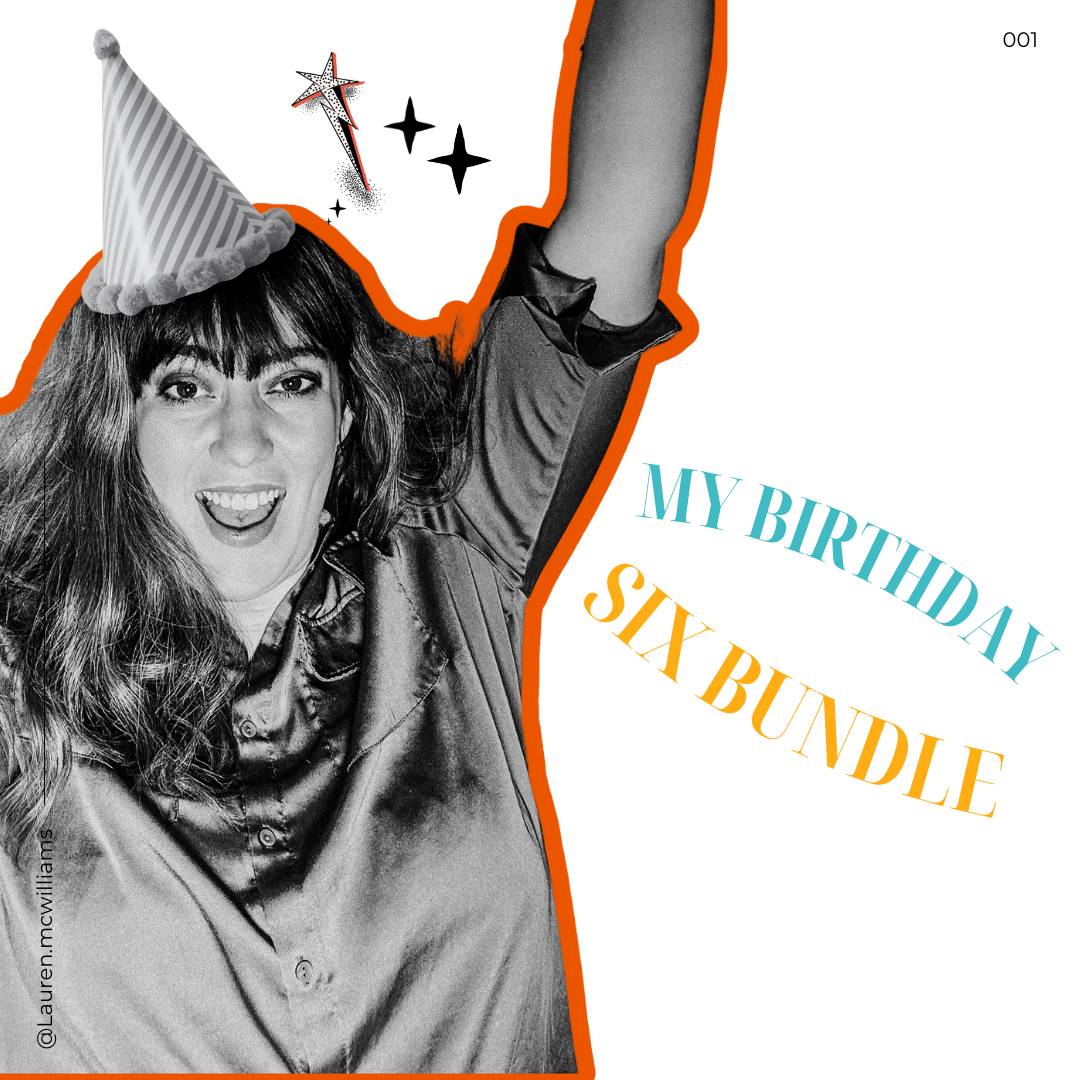 picture of Lauren McWilliams visibility strategist celebrating with a party hat on. Black and white image with colourful text and icons 